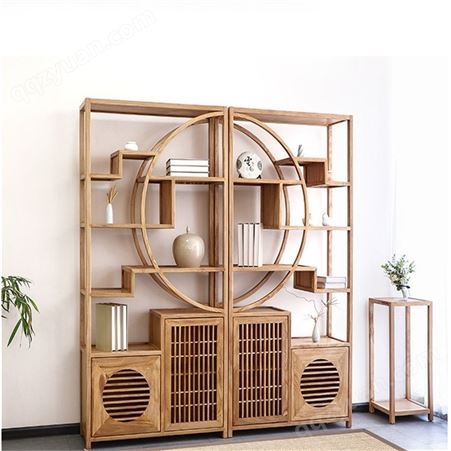 新中式实木架定制 家用客厅圆形多宝阁展示柜 老榆木创意置物架