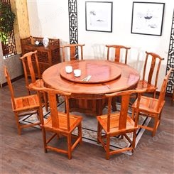 青岛酒店桌椅批发市场 酒店中式餐桌椅 实木仿古榆木圆形餐桌椅