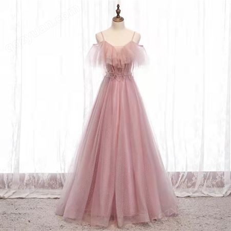 艺考礼服演出服粉色吊带长裙女订婚宴会气质生日主持2022冬季新款