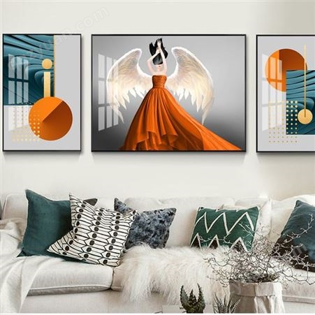 京瓷装饰画 现代轻奢橙色少女客厅装饰画定制 美女沙发背景墙定制装饰画