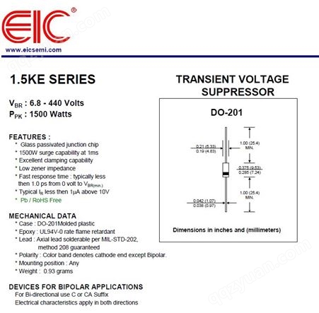 美国EIC瞬变抑制二极管TVS管1.5KE180CA 1500W-BI