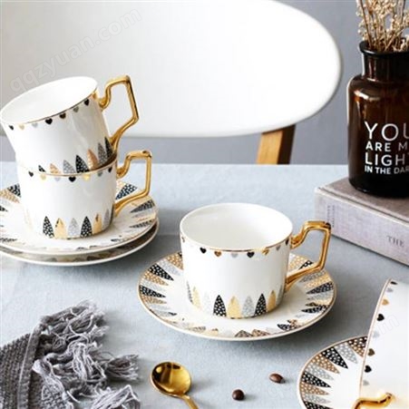 轻奢描金茶具套装 奢华咖啡具咖啡杯碟定制 欧式鎏金把手经典咖啡杯