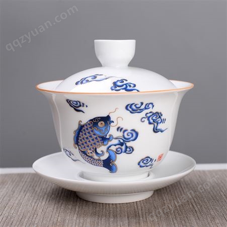 4.0寸大号盖碗创意功夫茶具泡茶碗手绘甜白陶瓷三才盖碗茶杯定制